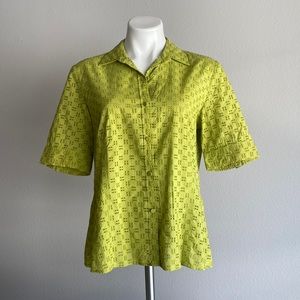 Talbots Vintage Eyelet Short Sleeve Button Up Shirt Green Size 14